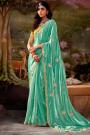 Stunning Aquamarine Green Organza Silk Chiffon Embroidered Saree