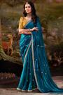 Prussian Blue Organza Silk Chiffon Embroidered Saree