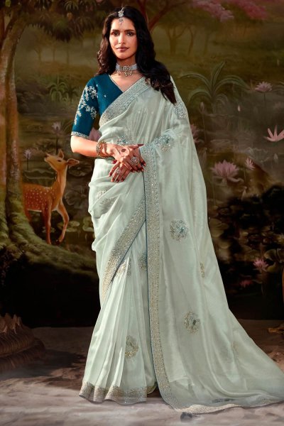 Light Silver Organza Silk Chiffon Embroidered Saree