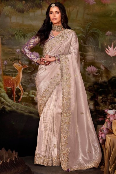 Light Peach Organza Silk Chiffon Embroidered Saree