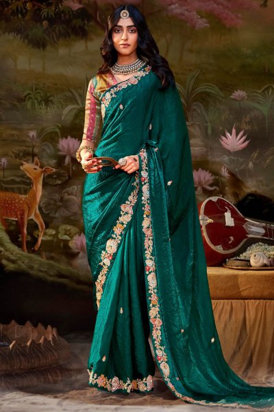 Dark Green Organza Silk Chiffon Embroidered Saree