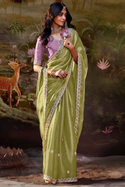 Fern Green Organza Silk Chiffon Embroidered Saree