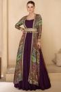 Plum Georgette Anarkali Dress With Printed & Hand Embellished Silk Jacket & Belt