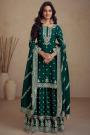 Bottle Green Chinon Silk Embroidered Sharara Kurta set