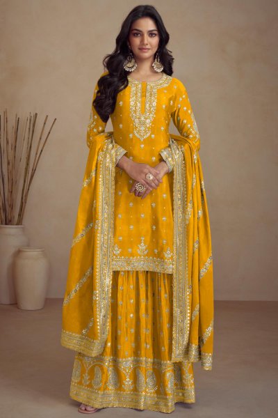 Mustard Yellow Chinon Silk Embroidered Sharara Kurta set