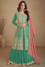 Mint Chinon Silk Embroidered Long Kurti Lehenga Set