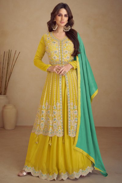 Yellow Chinon Silk Embroidered Long Kurti Lehenga Set