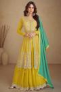 Yellow Chinon Silk Embroidered Long Kurti Lehenga Set