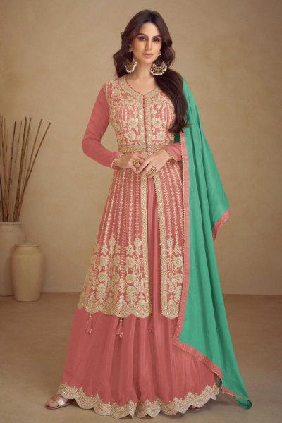 Dark Peach Chinon Silk Embroidered Long Kurti Lehenga Set