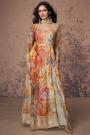 Ivory & Multicolor Floral Printed & Embroidered Georgette Anarkali Set With Belt