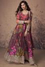 Wine Floral Printed & Embroidered Georgette Anarkali Set With Belt