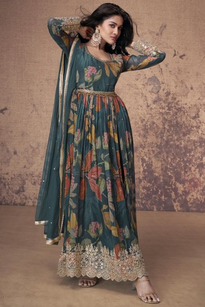 Deep Teal Floral Printed & Embroidered Georgette Anarkali Set With Belt