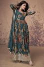 Deep Teal Floral Printed & Embroidered Georgette Anarkali Set With Belt