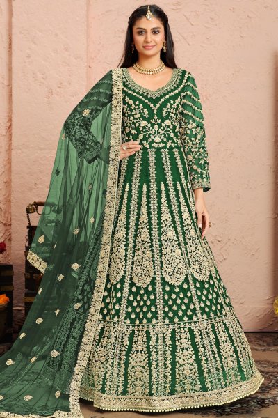 Dark Green Net Embroidered Anarkali Set