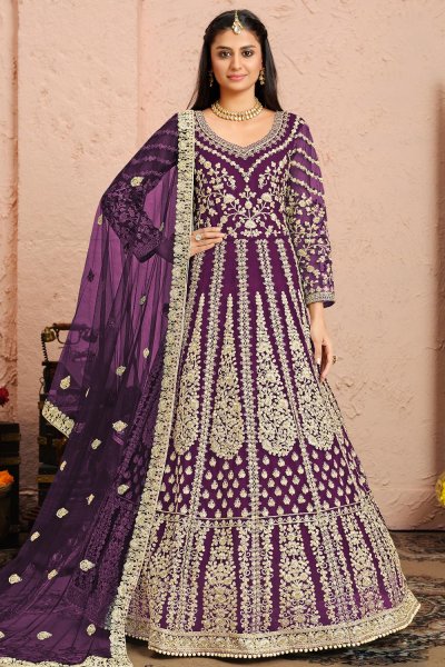 Plum Purple Net Embroidered Anarkali Set