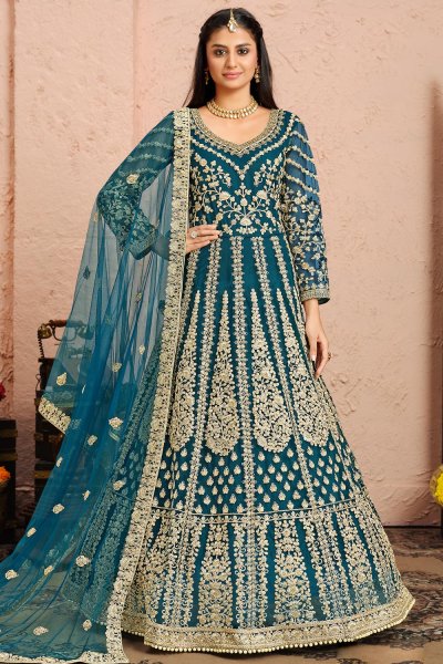 Prussian Blue Net Embroidered Anarkali Set