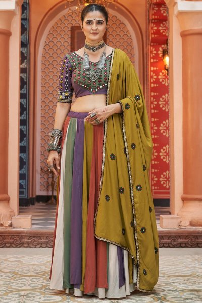 Multicolor Embroidered Rayon Lehenga Set For Navratri