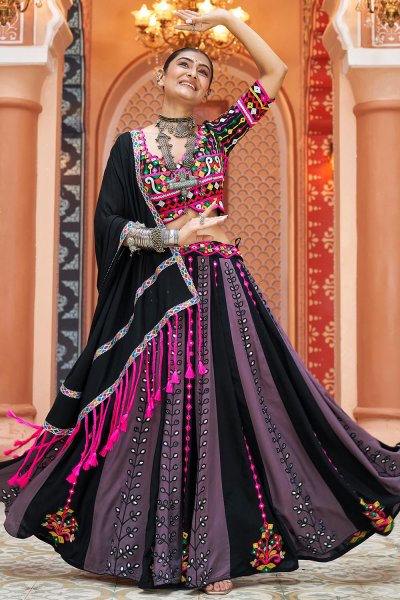 Lilac & Multicolor Embroidered Rayon Lehenga Set For Navratri