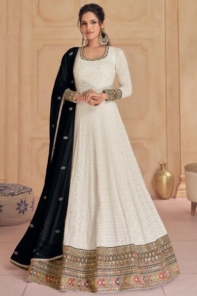 Ivory Georgette Embroidered Anarkali Dress With Dupatta