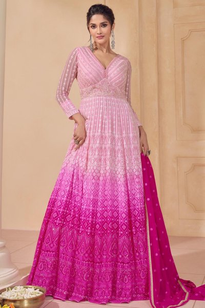 Pink Georgette Embroidered Anarkali Dress With Dupatta