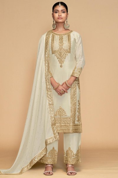 Ivory Chinon Silk Embroidered Kurta Set