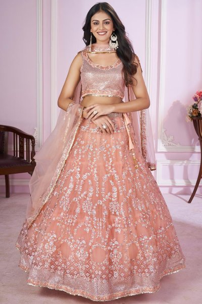 Peach Net Embroidered Lehenga Set