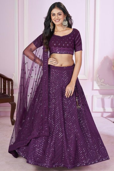 Plum Purple Georgette Embroidered Lehenga Set