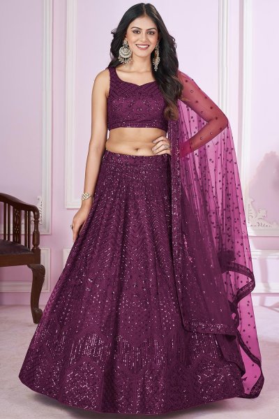 Wine Net  Embroidered Lehenga Set