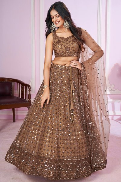 Brown Golden Net Embroidered Lehenga Set