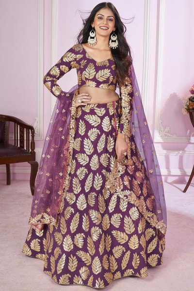 Purple Golden Georgette Embroidered Lehenga Set