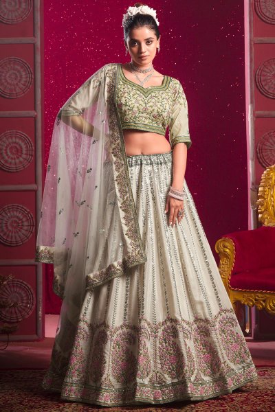 Ivory Silk Embroidered Lehenga Set