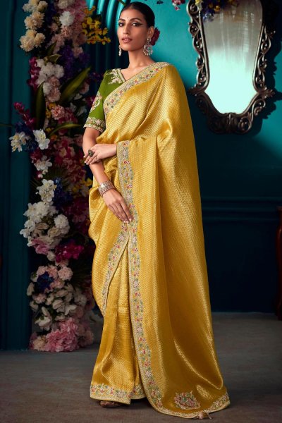 Yellow Banarasi Kanjivaram Silk Embroidered Saree