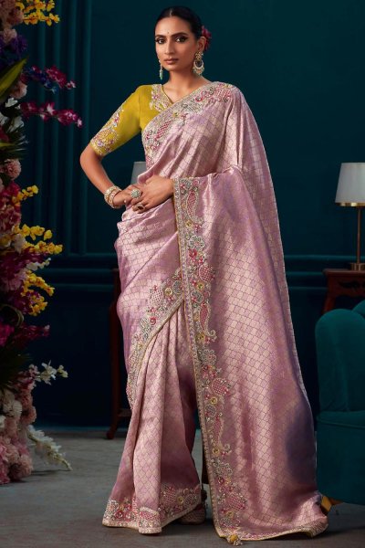 Lilac Banarasi Kanjivaram Silk Embroidered Saree