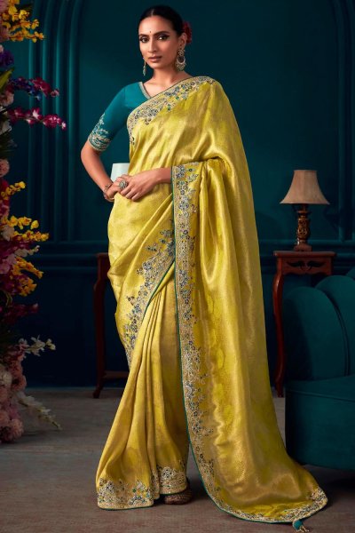 Mustard Banarasi Kanjivaram Silk Embroidered Saree