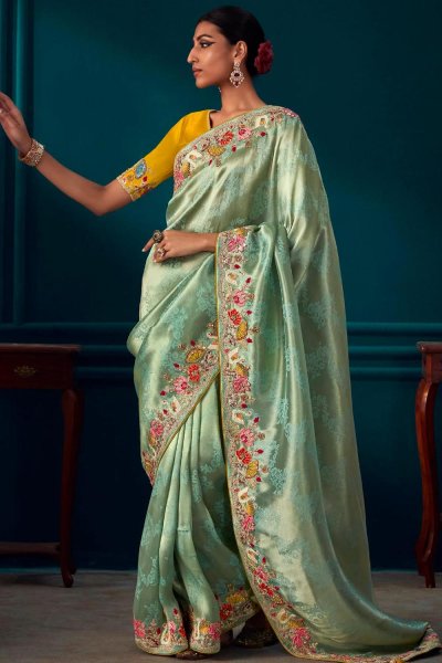 Mint Banarasi Kanjivaram Silk Embroidered Saree