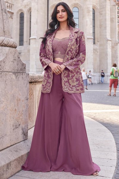 Rosewood Pink Silk Embroidered Indowestern 3 Piece Set