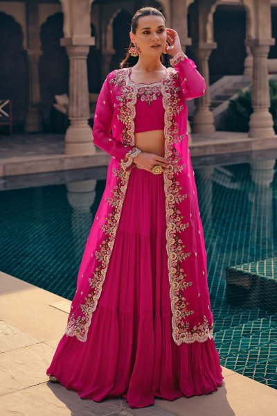 Pink Georgette Embroidered Top & Skirt Set With Jacket