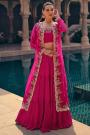 Pink Georgette Embroidered Top & Skirt Set With Jacket