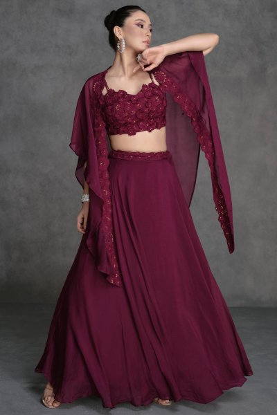 Maroon Georgette Embroidered Indowestern Lehenga Set