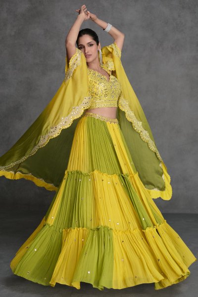 Sunflower Yellow & Green Organza Silk Embroidered Indowestern Lehenga Set