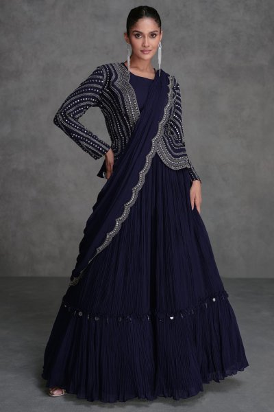 Navy Blue Georgette Embroidered Indowestern Lehenga Set