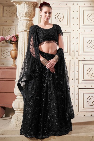 Black Net Embroidered Lehenga Set