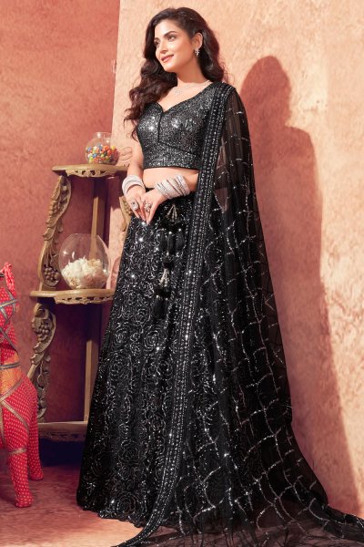 Black Net Embroidered Lehenga Set