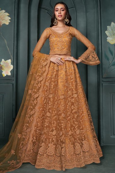 Sunset Orange Net Embroidered Lehenga Set