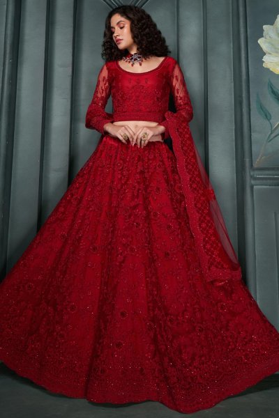 Red Net Embroidered Lehenga Set