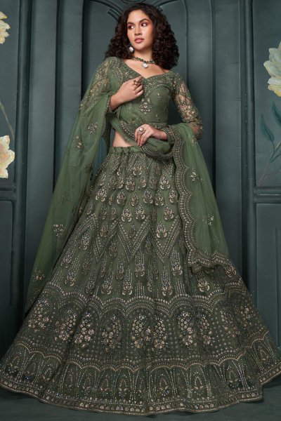 Forest Green Net Embroidered Lehenga Set