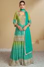 Aqua & Green Chinon Silk Printed & Embroidered Kurta Set