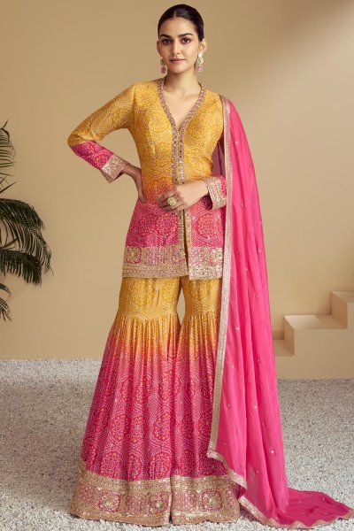 Mustard & Pink Chinon Silk Printed & Embroidered Sharara Kurta Set