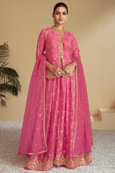 Pink Chinon Silk Printed & Embroidered Kurta Set