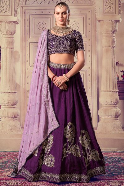 Violet Silk Embroidered Lehenga Set